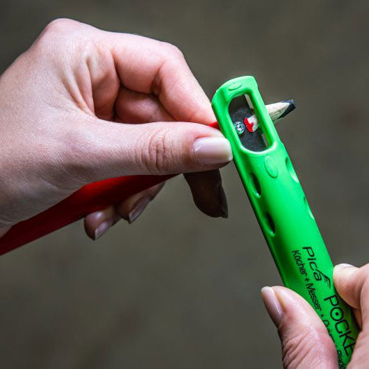 Hand sharpening a pica pencil with the Pica Pocket integrated blade